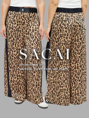 SACAI Leopard Print Wide Leg Pants Brown Mix Polyester Pants Trousers Sz 2 Japan
